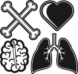 Obraz premium Bones heart brain and lungs monochrome medical icon set illustration