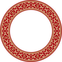 Vector gold and red round classic renaissance ornament. Circle, ring, european border, revival style frame
