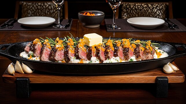 Sizzling wagyu steak delight upscale restaurant food photography elegant dining close-up culinary excellence