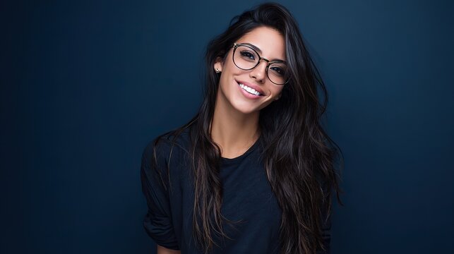 Confident, smiling, young woman in casual attire, dark blue background, personal brand photo, professional portrait reflecting personality.