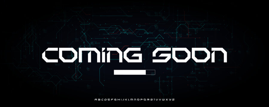 Techno Coming Soon Typography with Digital Loading Bar and Circuit Board Background, Ideal for Movie Intros, Forums, Fests, or Conference Promos. Futuristic Alphabet. Vector Illustration.