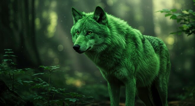 Mystical green wolf standing in a dark forest, evoking fantasy and nature