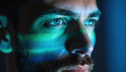 Man's Intense Gaze: Close-up portrait of a handsome man with piercing eyes, his face partially illuminated by cool, blue and green lighting, creating an atmosphere of mystery and introspection.