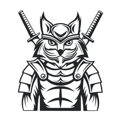 Fototapeta premium Samurai Cat Warrior: Detailed vector illustration of a feline dressed in traditional Japanese armor and wielding swords, presented in a bold black and white aesthetic.