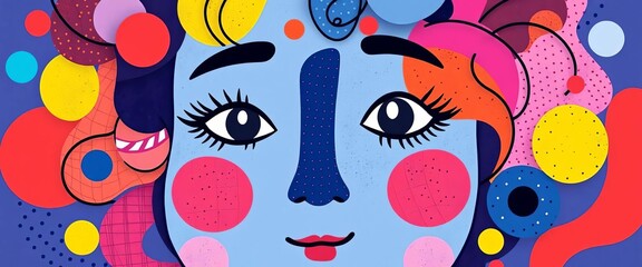 Whimsical face of vibrant abstract shapes & colors in flat illustration style,  whimsical illustration,  illustration art