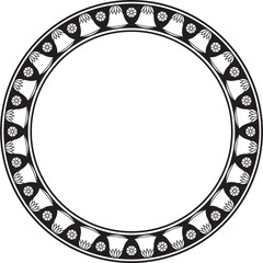 Vector black monochrome round Egyptian ornament. Circle, frame, ring of ancient Egypt.Pattern of lotus flowers and sun. Template for stained glass
