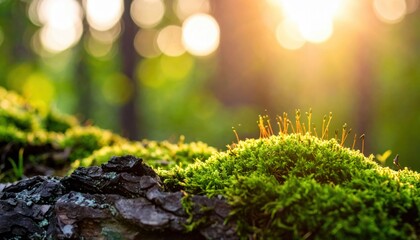Nature's Embrace: A detailed shot of verdant moss thrives on weathered bark beneath the sun's warm light, which makes the image full of a sense of tranquility.