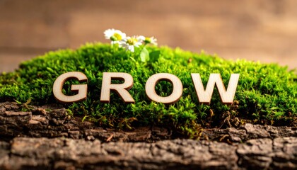 The Essence of Growth: Wooden letters spell out "GROW" nestled on a lush green mossy mound, symbolizing development and renewal. A single, delicate flower blooms, enhancing the theme.