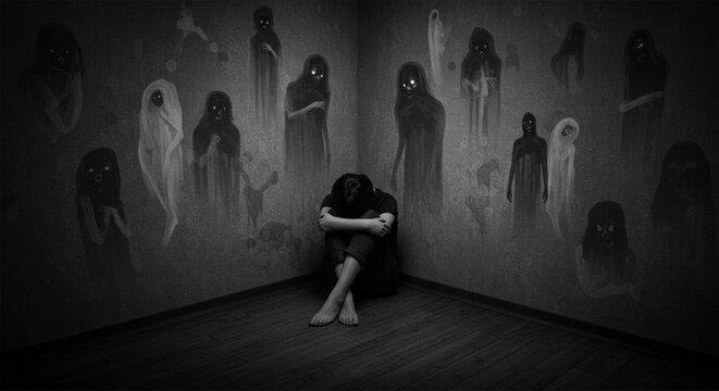 Dark shadows haunt lonely soul trapped in fear and despair chilling grayscale artwork, picture of schizophrenia sufferer