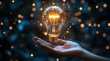 Glowing light bulb hovering above an open hand symboll