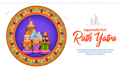 Lord Jagannath, Balabhadra and Subhadra on annual Ratha Yatra in Odisha festival background