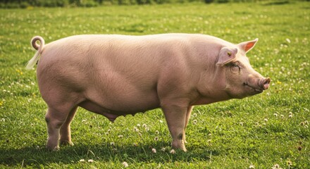 Relaxed pink pig standing in a sunny green field with clover patches outdoors