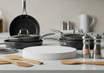 Cookware set arranged on a white countertop, ready for meal preparation in a kitchen setting.