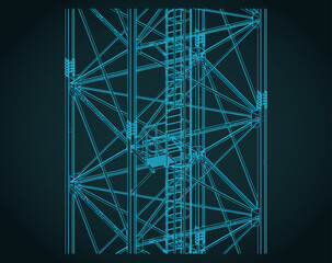 Self-supporting tower close-up isometric blueprint