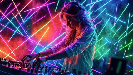 Vibrant Beats: A DJ, immersed in music, manipulates the mixing board with focused intent, framed by a colorful, energetic light display.