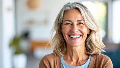 Radiant Senior Woman: A captivating portrait of a senior woman, her face aglow with warmth and happiness, her silver hair shimmering. This image evokes a sense of mature grace.