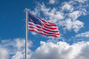 Fototapeta premium American flag waving on flagpole against blue sky, patriotic USA scene, freedom, national pride, heritage, Independence Day, symbol of unity and respect.