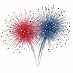 Red and blue fireworks illustration on white background, minimal patriotic USA celebration, Independence Day festive design, freedom, national pride event.

