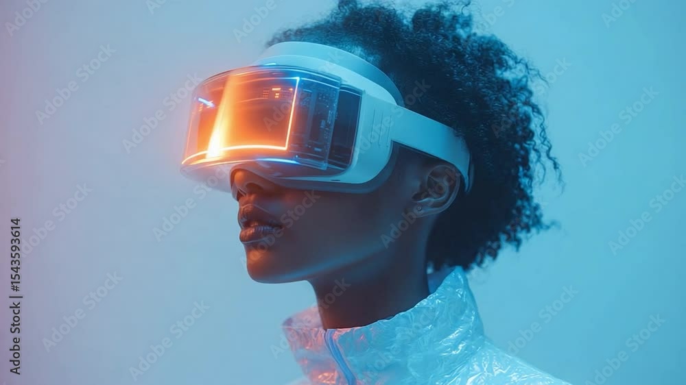 Poster immersive reality: futuristic portrait of a person in vr headset, with a vibrant, digitally-rendered