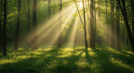 Obraz premium Sunbeams Through Trees Creates a Magical Forest Atmosphere