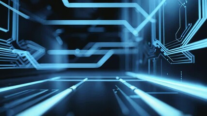 Gliding camera navigating digital circuit tunnel, with neon-blue floor grid and wall traces - Powered by Adobe