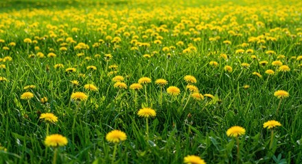 Fototapeta premium Dandelions Springtime Bloom a Vibrant Yellow Field Green Meadow