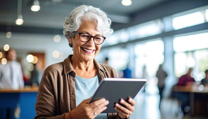 Smiling Senior Woman with Tablet: Happy elderly person enjoys using a digital device in a bright, modern space.