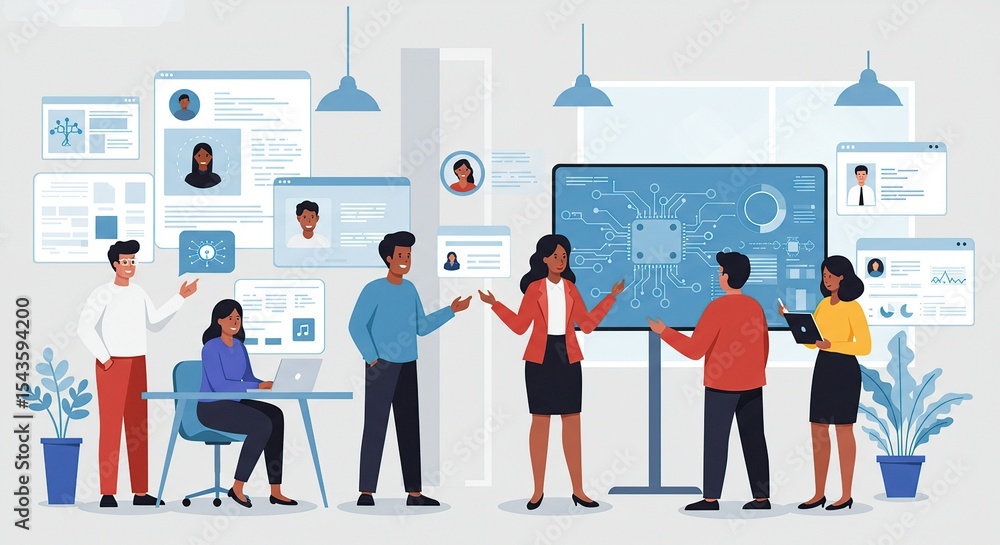 Poster team collaborates on technology and data analysis in modern office setting.