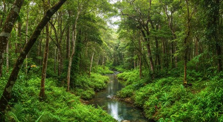 Fototapeta premium A Serene Stream Flowing Through the Lush Green Forest