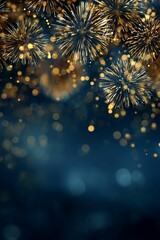 Golden sparkling fireworks on dark blue background, festive celebration, elegant bokeh lights, USA patriotic theme, holiday event, joyful display.

