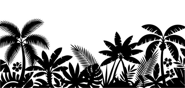 Black silhouettes of palm trees and exotic plants forming a tropical border. Summer-themed design element, perfect for vacation, beach, and jungle projects. Transparent background