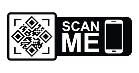 Minimalist black & white graphic: QR code in upper left with focus frame. Large white "SCAN ME" text below/to right. Stylized white smartphone icon lower right.