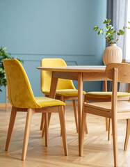 Fototapeta premium Cozy closeup of chic pastel yellow chai uyz in homey dining room warm atmosphere inviting decor