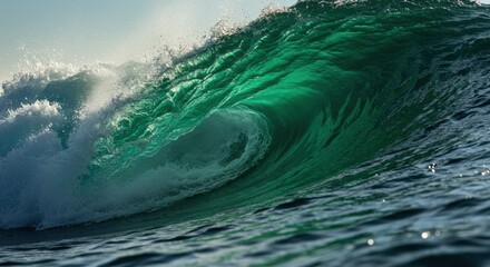 A Majestic Wave Rises and Breaks in the Ocean Sun