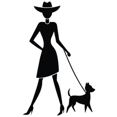 Elegant Woman Walking Small Dog Black and White Silhouette Illustration