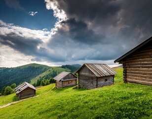 Obraz premium rustic wooden houses on a green hill under a dramatic sky