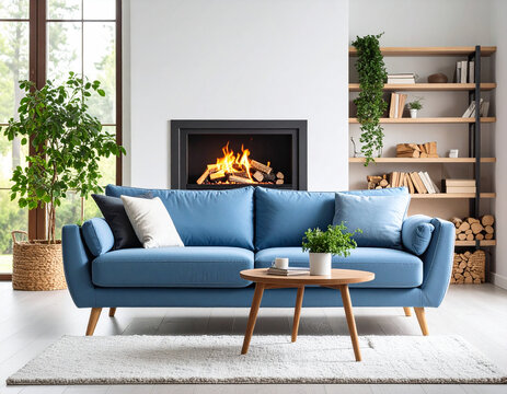 Cozy chic daybed against the fireplace modern living room interior design homey atmosphere warm ambiance