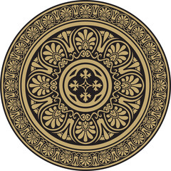 Vector gold with black classic Greek round ornament. Circle of Ancient Greece and the Roman Empire. Byzantine painting of walls, floors and ceilings. Decoration of European palaces.
