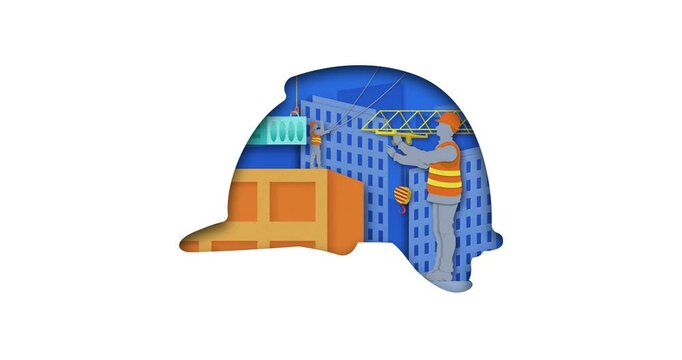 Silhouette of a construction helmet, inside which a city construction site and builders are visible. Construction of a multi-story building. Double exposure. Logo. Flat graphic cartoon.Not AI.