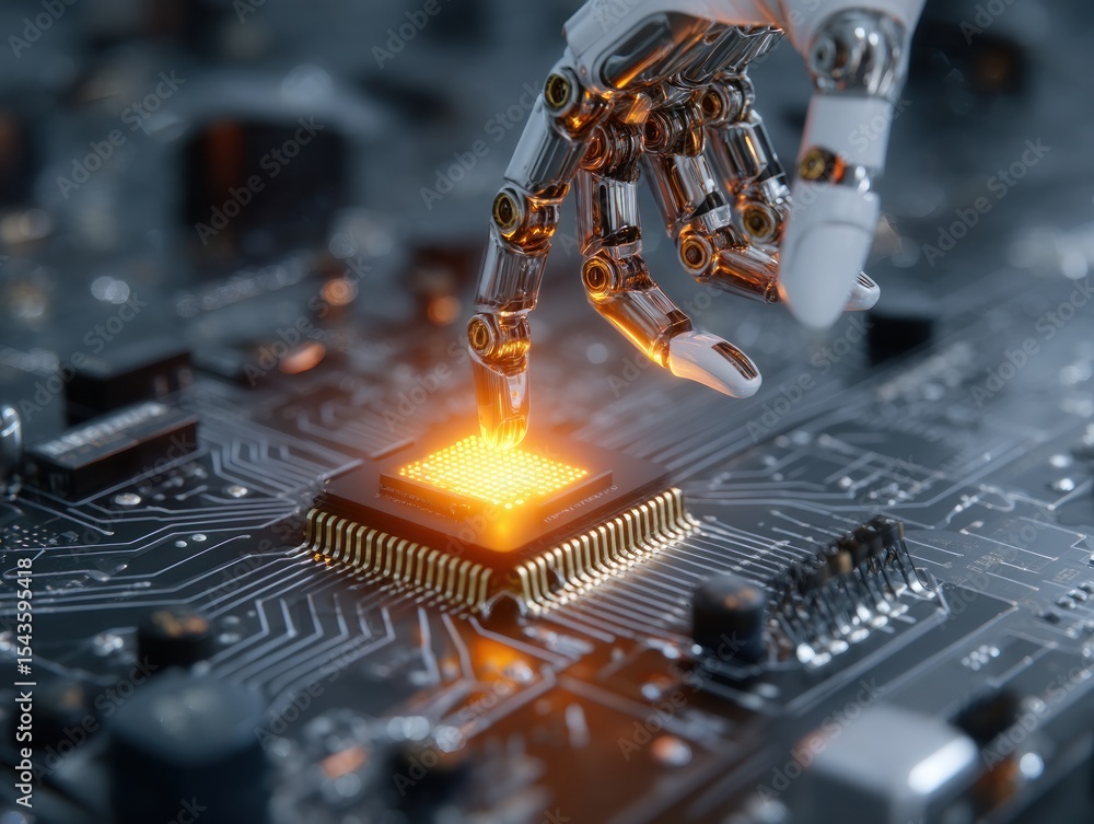 Poster robot arm placing a cpu onto a circuit board