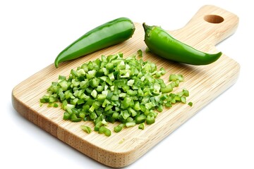 Freshly chopped green chili peppers on a wooden cutting board, perfect for cooking vibrant dishes.
