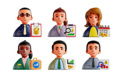 Set of Finance Characters 3D Icons Including Loan Officer, Market Researcher, and More