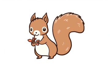 Simple clear line vector of squirrel holding acorn with bold black outline on white background, minimalist black and white illustration.
