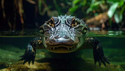 Fototapeta premium Submerged Alligator Gaze: Intense stare of an aquatic reptile peeking from the water in a wild, natural habitat.