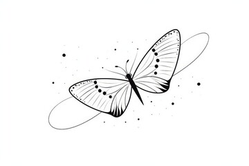 Obraz premium Simple line art of a butterfly flying with dotted trail, black and white vector doodle illustration on white background.