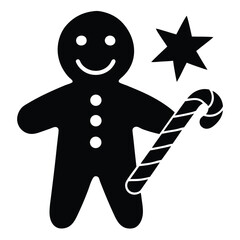 Smiling Gingerbread Man with Candy Cane and Star Festive Holiday Icon