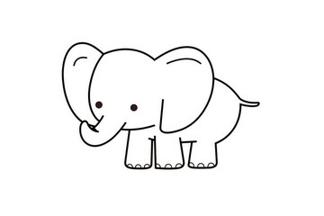 Fototapeta premium Cute baby elephant simple line drawing with bold black outline, minimalist vector illustration for children’s coloring book page.