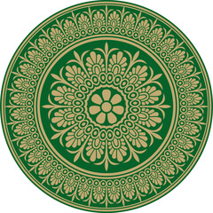 Vector gold with green classic Greek round ornament. Circle of Ancient Greece and the Roman Empire. Byzantine painting of walls, floors and ceilings. Decoration of European palaces.
