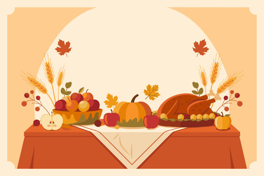 Thanksgiving festive table with roasted turkey, vector illustration with copy space