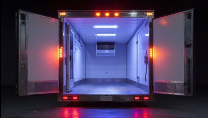 Open back of a refrigerated trailer illuminated by blue and red lights
